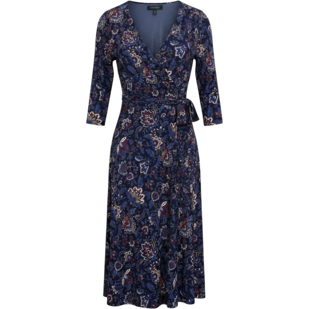 NWT Lauren Ralph Lauren Navy Paisley Faux Wrap Midi Dress Size 12 Old Money